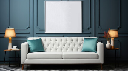 Mockup empty, blank poster frame, white poster frame, sitting on top of a modern sofa, modern style living room.