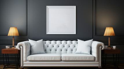 Mockup empty, blank poster frame, white poster frame, sitting on top of a modern sofa, modern style living room.