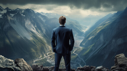 Businessman standing on the edge of a cliff - obrazy, fototapety, plakaty