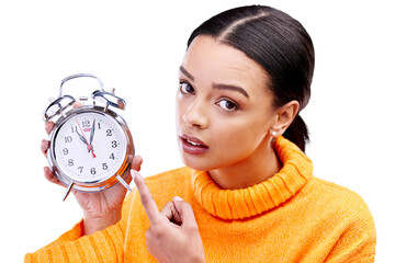 Pointing, clock and portrait of woman with alarm on isolated, png and transparent background. Time...