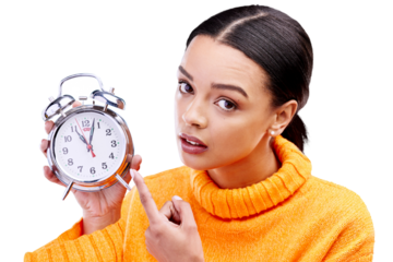 Pointing, clock and portrait of woman with alarm on isolated, png and transparent background. Time management, wake up and annoyed person with watch for schedule, appointment and late for deadline