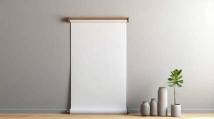 Mockup of a white paper roll hanging on the wall side view with a clipping path ing Mockup of a paperhanging wallpaper Scroll template for home decoration Canvas in room interior. - obrazy, fototapety, plakaty