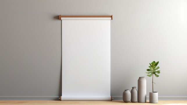 Mockup of a white paper roll hanging on the wall side view with a clipping path ing Mockup of a paperhanging wallpaper Scroll template for home decoration Canvas in room interior.
