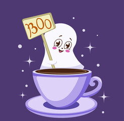 Halloween cute ghost cartoon style kawaii plays with a cup of coffee or tea on dark background. Greeting card design, invitation template. Isolated baby shower party design element.