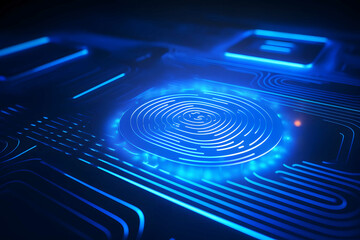 fingerprint scan technology laser scan line digital element blue neon - obrazy, fototapety, plakaty