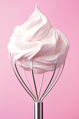 Whipped cream on the whisk over pink background. Generative Ai