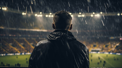 Back view of football fan watching soccer game. Dramatic lighting. Rain. stadium full of people and flags. Black color palette. Cinematic perspective. Soccer scenes.
