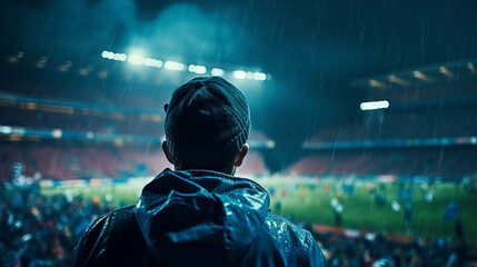 Back view of football fan watching soccer game. Dramatic lighting. Rain. stadium full of people and flags. Blue color palette. Cinematic perspective. Soccer scenes.