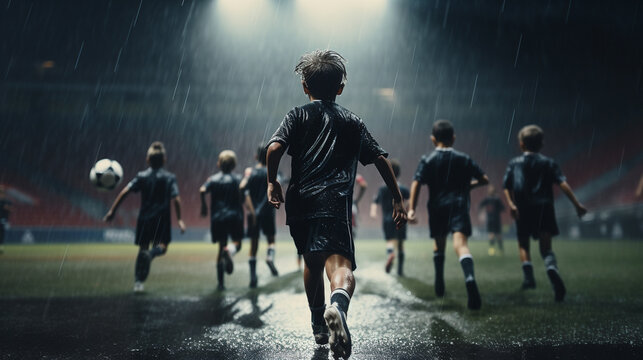 Back view of group of children running football. Dramatic lighting. Rain. stadium full of people and flags. Black color palette. Cinematic perspective. Soccer scenes.