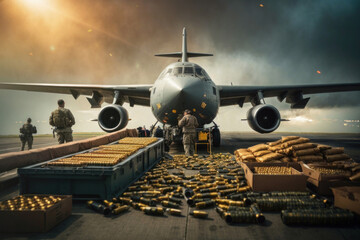 Supply of weapons. Unloading boxes of ammunition at a military airport. Ai design