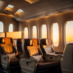 Empty aircraft seats and windows, passenger seat interior airplane, Chair on plane, cabin with modern leather chair, travel and airline business conept. Ai design