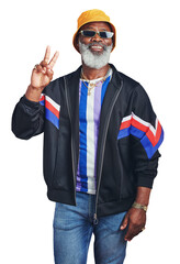 Portrait, fashion and peace sign with a senior black man isolated on a transparent background for hip hop style. Smile, retro and sunglasses with a happy elderly person on PNG to gesture a v symbol