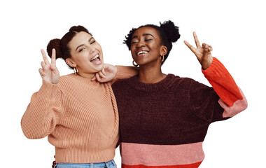 Peace sign, friends and portrait of women with fashion on isolated, png and transparent background....