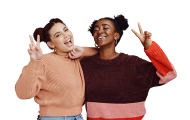 Peace sign, friends and portrait of women with fashion on isolated, png and transparent background. Happy, style and people with hand gesture in trendy clothes, stylish outfit and emoji for freedom