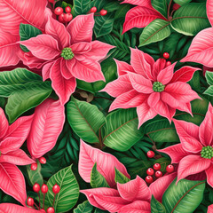 Red Christmas Poinsettia flowers pattern seamless print