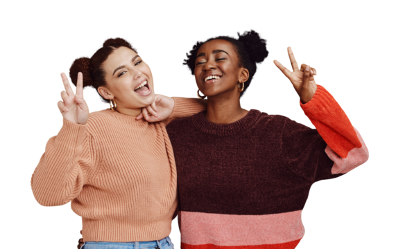 Peace sign, friends and portrait of women with fashion on isolated, png and transparent background. Happy, style and people with hand gesture in trendy clothes, stylish outfit and emoji for freedom