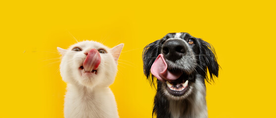 Bannet pets eating. Portrait summer spring hungry cat and dog licking its lips with tongue. Isolated on yellow backgorund