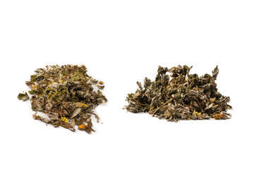 Dry tea leaves and dry fruit isolated on white background.