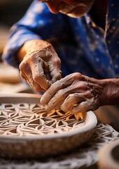 Senior male Potter making ornament on ceramic product.