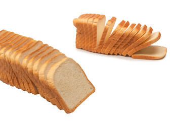 Delicious bread slices isolated on a white background, top view.