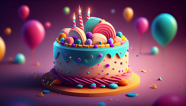 Colorful birthday cake with festive decorations, Ai generated image