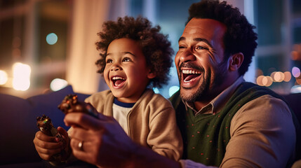 Father and son are playing video games together in a comfortable home - obrazy, fototapety, plakaty