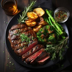  plate of steak and salad , asparagus, potato on a table,  flat lay  © nnattalli