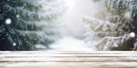 Winter tranquil embrace. Snowy forest scene with empty wooden table. Frosty wilderness. Nature...