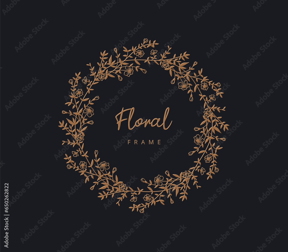 Wall mural Luxury vector floral frame with hand drawn flowers, branches and leaves. Line and silhouette style wreath for label, corporate identity, wedding invitation, save the date, logo