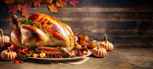 Beautiful thanksgiving turkey with fall colors and ornaments set at a wooden table wide angle shot with copy space