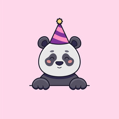 Cute panda is wearing a party hat. Vector flat illustration in cartoon style at birthday or other celebrations