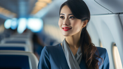 Sky-bound elegance: An Asian flight attendant stands poised, a paragon of grace. Behind, the airplane's cabin with blurred seats in the aisle. 
