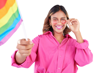 Happy woman, lesbian and LGBT pride flag in fashion, sunglasses or style isolated on a transparent PNG background. Female person or activist with rainbow color sign waving in support for LGBTQ rights