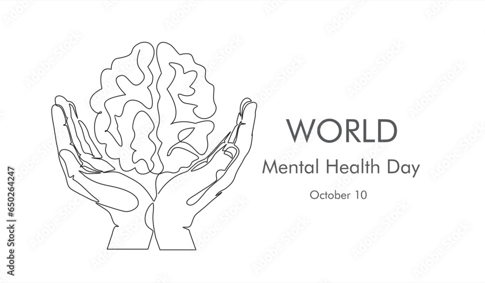 Poster one continuous single line of hands hold brain. world mental health day is observed every year on oc