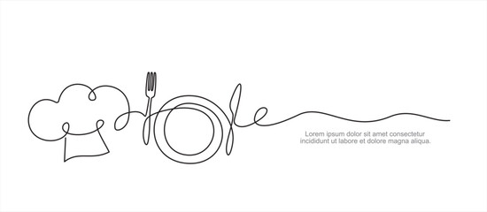 Continuous one single line drawing of fork, knife, plate and chef hat or cap . Menu food design. Illustration with quote template. Can used for menu restaurant sketch