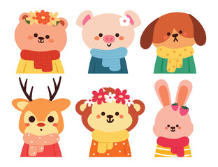 hand drawing cartoon animals collection sticker set. cute animal with winter outfit drawing, animal icon