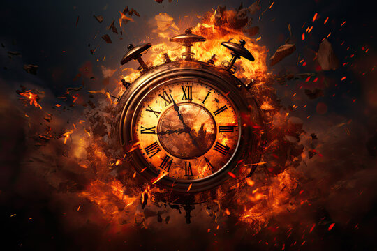 Racing Against Time: Clock Explosion Symbolizes Urgency and Destruction &ndash; Generative AI
