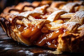 Close up shot of a freshly baked apple pie with a lattice crust, showcase the delicious details of the golden-brown pastry. Generative AI