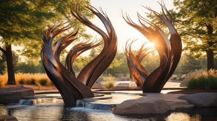 monumental street sculpture. curated art exhibition, exposition in a city park.