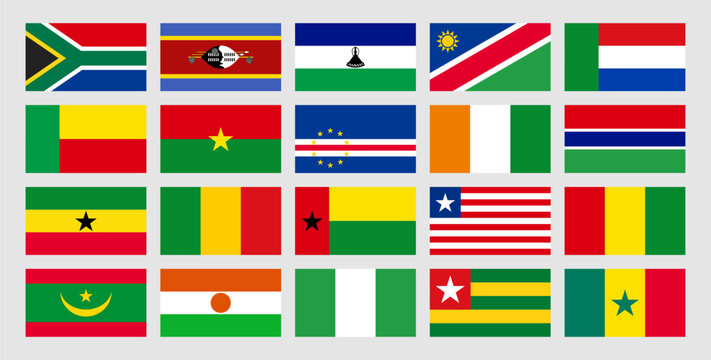 Set flags of Southern and Western Africa, Botswana, Eswatini, Lesotho, Namibia, South Africa, Benin, Burkina Faso, Cape Verde, Cote d Ivoire, Gambia, Ghana, Guinea, Liberia, Mali, Mauritania, Niger