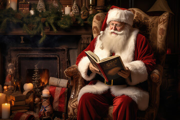 Santa Claus sitting at his home in a comfortable chair and reading his magical book