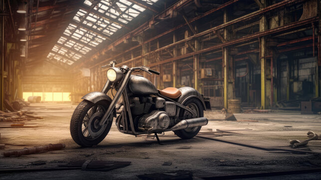 Realistic photo of Custom Bobbler Motorbike Standing in a industrial landscape © didiksaputra