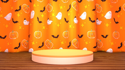 3d rendered cartoon product display podium with cute Halloween curtain on wooden stage.
