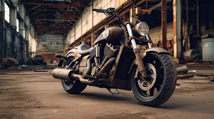 Fotobehang Motorfiets Realistic photo of Custom Bobbler Motorbike Standing in a industrial landscape