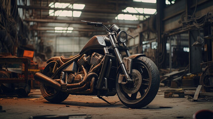 Realistic photo of Custom Bobbler Motorbike Standing in a industrial landscape