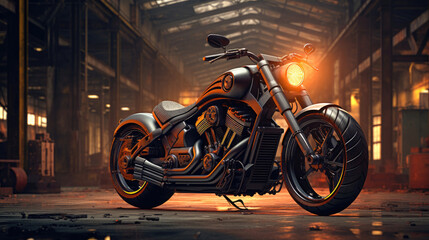 Realistic photo of Custom Bobbler Motorbike Standing in a industrial landscape