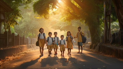 A group of small children go to school on their first day of school