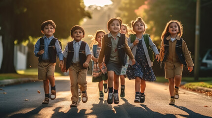Obraz premium A group of small children go to school on their first day of school