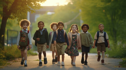 A group of small children go to school on their first day of school