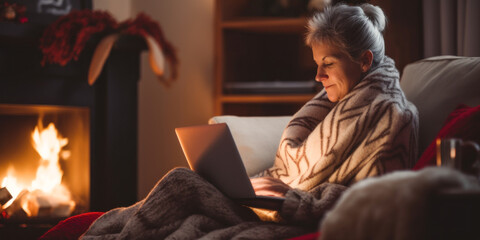Middle aged woman sits in living room with a lit fireplace and typing on laptop.